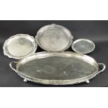 Silver plated oval twin-handled gallery tray upon four circular bun feet, 26" x 14"; together with