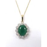 Emerald and diamond cluster pendant, set in 9ct on a slender chain, the pendant 12mm wide