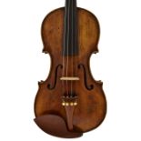 19th century Mittenwald violin, unlabelled, the two piece back of fine curl with similar wood to the
