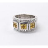 14ct white gold yellow sapphire and round brilliant-cut band ring, band 11.5mm, 9gm, ring size P/P-