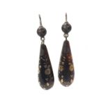 Pair of Victorian gold and silver inlaid piqué tortoiseshell drop earrings, drop 54mm