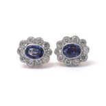 Pair of 18ct oval sapphire and diamond cluster ear studs, the sapphires each 1.30ct approx, set in