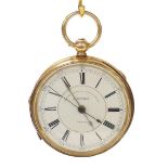 18ct centre seconds chronograph lever pocket watch, Chester 1888, three-quarter plate gilt frosted