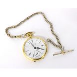 Moeris gold plated lever dress pocket watch, 17 jewels, 45mm; with a metal Albert chain (EYR7F9) -