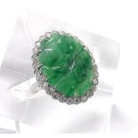 White gold oval carved jade and diamond dress ring, round brilliant-cut diamonds, 22mm x 17mm, 4.