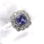 Large impressive 18ct white gold tanzanite and diamond square cushion shaped dress cluster ring, the