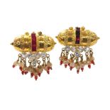 Pair of Eastern yellow metal stone set earrings, 10.6gm, 28mm wide