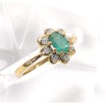 Emerald and diamond 9ct cluster ring, cluster 11mm x 9mm, ring size N