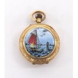 Attractive 14k and enamel cylinder fob watch, gilt bar movement, the ornate white dial with Roman