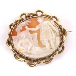 Mid 19th century oval cameo shell brooch depicting Antony and Cleopatra in a gold loop design