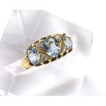 Antique style 18ct claw set aquamarine and diamond dress ring, 3.8gm, 9mm wide, ring size L/L-