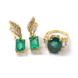 18k yellow gold emerald and diamond dress ring with ensuite earrings, the ring with an oval
