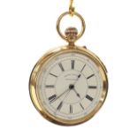 18ct centre seconds chronograph lever pocket watch, Chester 1890, unsigned three-quarter plate