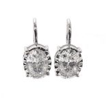 Pair of 18k white gold oval-cut diamond ear studs, hoop backs, 1.45ct approx, clarity I1-2, colour