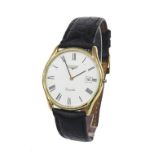 Longines quartz gold plated gentleman's dress wristwatch, white dial with Roman numerals and date