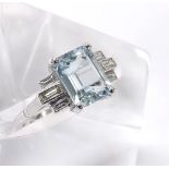 Art Deco style 18ct white gold aquamarine and diamond dress ring, the emerald-cut aquamarine flanked