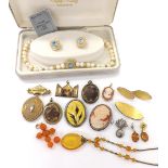 Mixed selection of assorted costume jewellery including a pair of amber earrings, cornelian cross