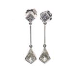 Pair of 18ct white gold kite-cut diamond drop earrings, estimated 0.41ct and 1.28ct approx,