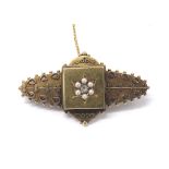 Victorian 15ct diamond and seed pearl brooch with applied wirework decoration, with safety chain,