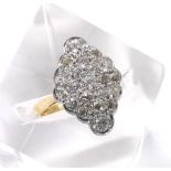 18ct and platinum marquise shape diamond cluster ring, set with old round-cut diamonds, cluster 20mm