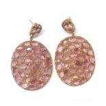 Large pair of pink tourmaline and diamond pendulum earrings in yellow metal, 25.2gm, drop 70mm