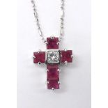 18k white gold ruby and diamond cross pendant, with a single princess-cut diamond 0.25ct approx,