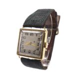 18k square cased wire-lug gentleman's wristwatch, square silvered dial with Arabic numerals and