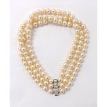 Fine quality cultured pearl three strand necklet, the white metal clasp set with five round