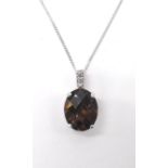 9ct white gold smoky quartz and diamond pendant on chain, pendant 15mm