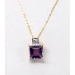 Amethyst and diamond 9ct pendant on chain, pendant 8mm