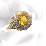 Victorian style 18ct yellow sapphire and diamond cluster ring, the sapphire estimated 1.40ct, in a