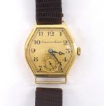 International Watch Co. (IWC) 18ct gentleman's wristwatch, circa 1920s, the tonneau gilded dial with