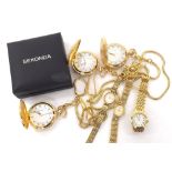 Three Sekonda pocket watches (one with box); together with three ladies gold plated bracelet watches