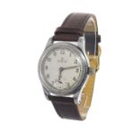 Omega 1940s mid-size stainless steel wristwatch, silvered dial with luminous Arabic numerals,