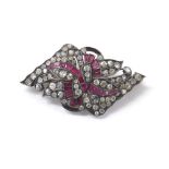 Antique old-cut diamond and ruby white metal brooch, 5.2gm, 42mm (stone missing)