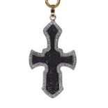 Fancy yellow and white gold cross pendant, set with treated black and white diamonds, 27.9gm, 63mm x