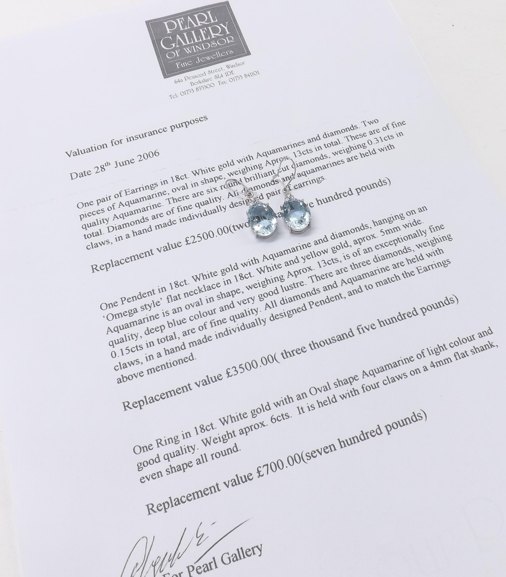 Fine pair of 18ct white gold aquamarine and diamond drop earrings, set with fine quality oval-cut