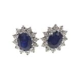 Pair of attractive sapphire and diamond oval cluster earrings, 9ct, 14mm x 12mm, 3.7gm