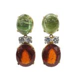 Pair of gem set drop earrings set in yellow metal, 12.2gm, drop 32mm