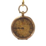 14k cylinder engraved fob watch, the gilded dial with Roman numerals, 29.4gm, 34mm - Condition