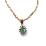 9ct emerald and sapphire pear shaped pendant on a slender necklet, the pendant 16mm x 8mm, 3.8gm