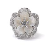 Edouard Nahum, Paris fancy 18ct white gold diamond and mother of pearl floral design ring, estimated