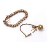 Rose gold barrel link bracelet, 17.5gm; together with a 9ct short link chain with charms, 6.7gm (2)