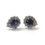 Pair of sapphire and diamond pear shaped cluster earrings, 13mm x 10.5mm, 3gm (one butterfly