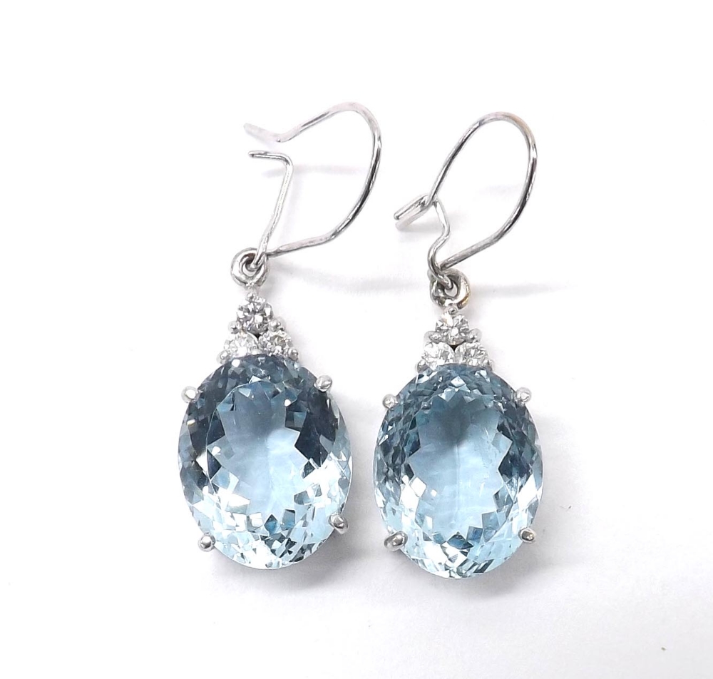 Fine pair of 18ct white gold aquamarine and diamond drop earrings, set with fine quality oval-cut - Image 2 of 2
