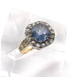 Attractive period sapphire and diamond cluster ring, radiant-cut sapphire estimated 3.00ct approx in