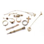Mixed jewellery to include a 15ct seed pearl crescent brooch, 9ct opal bar brooch, 9ct eternity