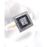 Unusual Art Deco style square sapphire and diamond dress cluster ring, the principal centre