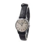 Omega stainless steel lady's wristwatch, the silvered dial with baton markers, black leather