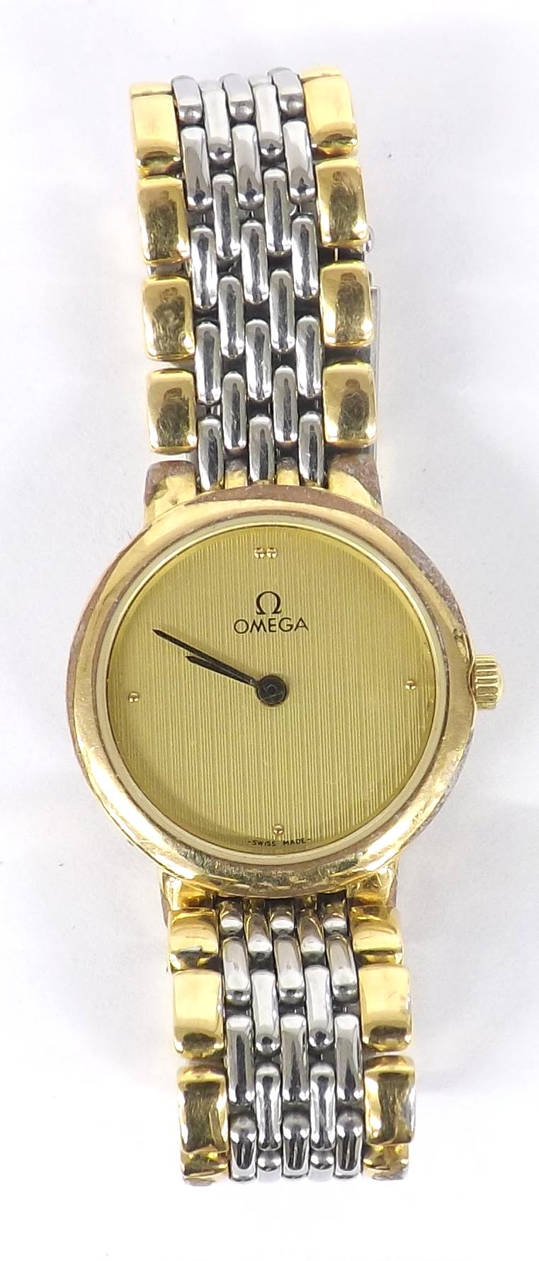 Omega bi-colour quartz lady's bracelet watch, the champagne dial with quarter dot markers, 22mm (